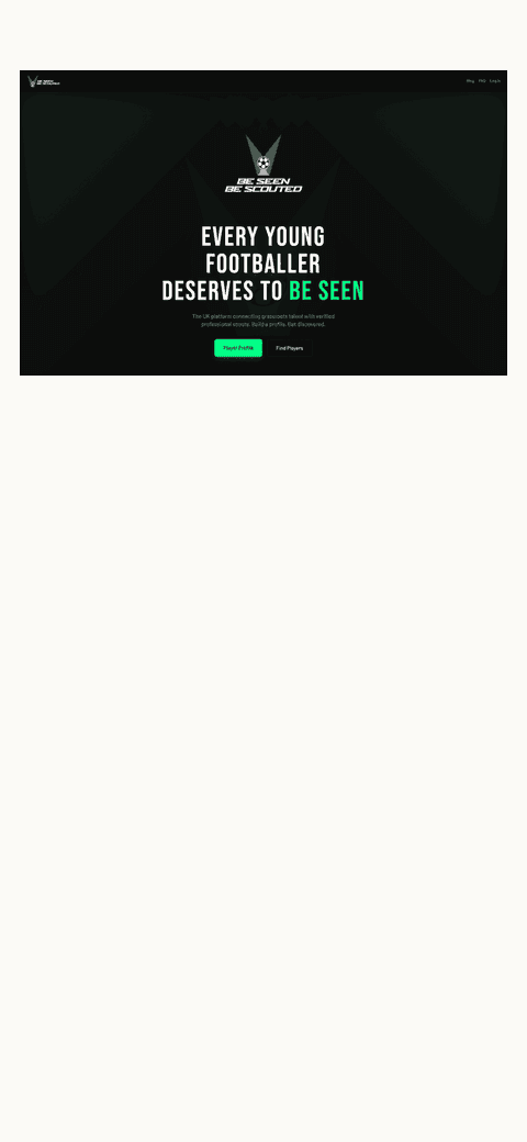 Be Seen Be Scouted homepage rendered on mobile, showing the brand mark and primary action.