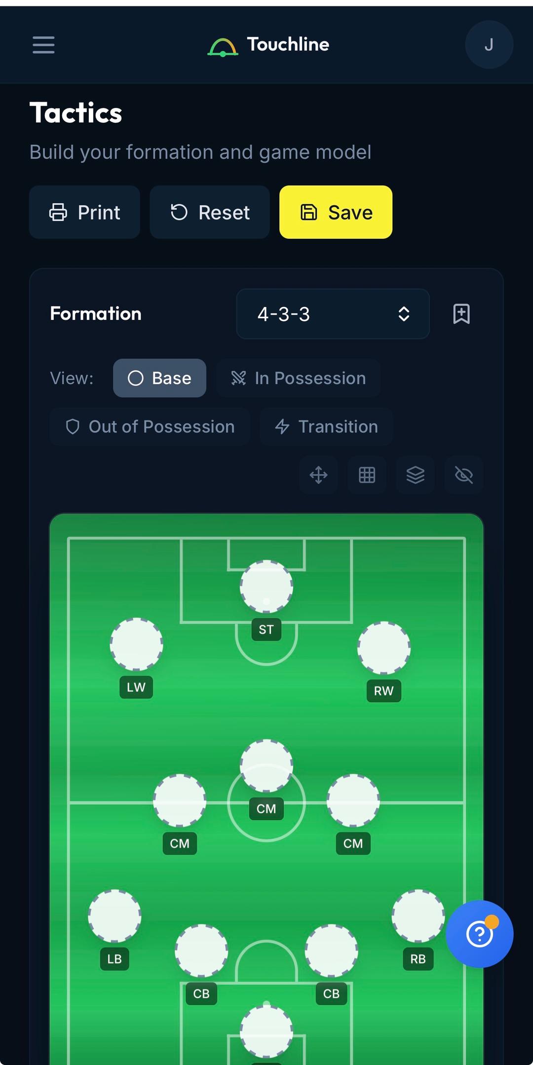 Touchline mobile coach view, tactics screen with 4-3-3 formation.