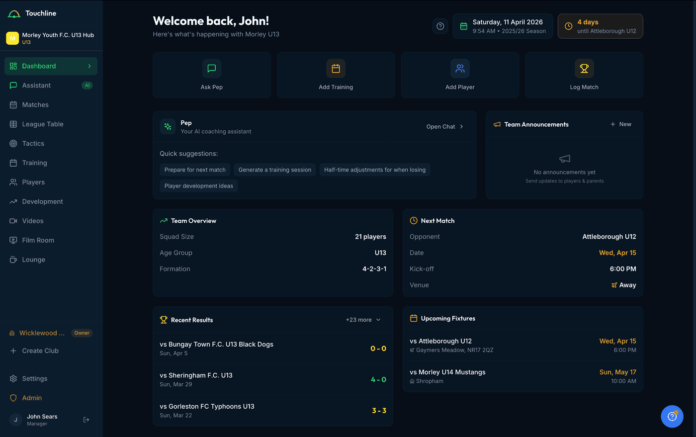 Touchline coaching dashboard, showing welcome panel, AI assistant Pep, team overview, and upcoming fixtures.