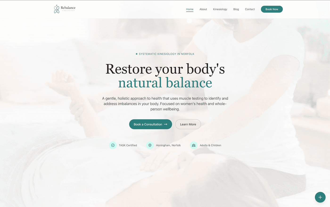 Rebalance Kinesiology website showing the new brand, service pages, and blog built on Next.js.