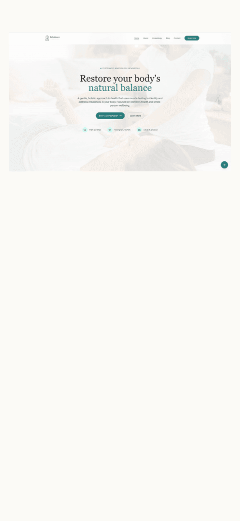 Rebalance Kinesiology homepage rendered on mobile, showing the brand mark, headline, and primary actions.